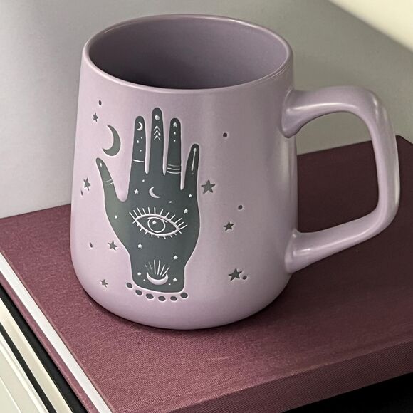 Fig and Fern Boho HAMSA HAND Evil Eye Ceramic Coffee Mug Purple - Picture 6 of 13